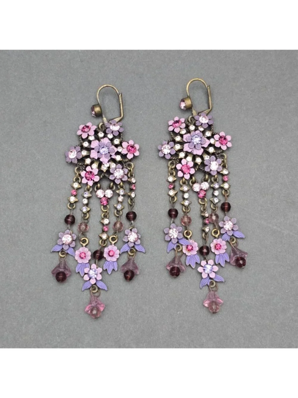 Vintage Michal Negrin Brass Dangle Earrings 4.75" Pastel Floral Crystal Drop - Picture 11 of 11